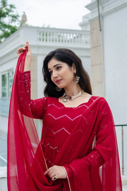 Royal Maroon Faux Georgette Designer Anarkali Suit with Thread-Sequins Embroidery