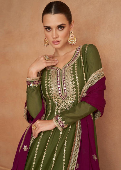 Olive Green Embroidered Chinon Suit Set with Dupatta