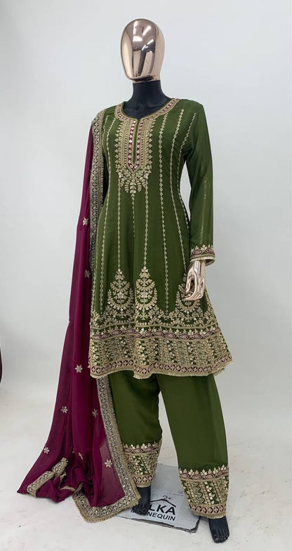 Olive Green Embroidered Chinon Suit Set with Dupatta