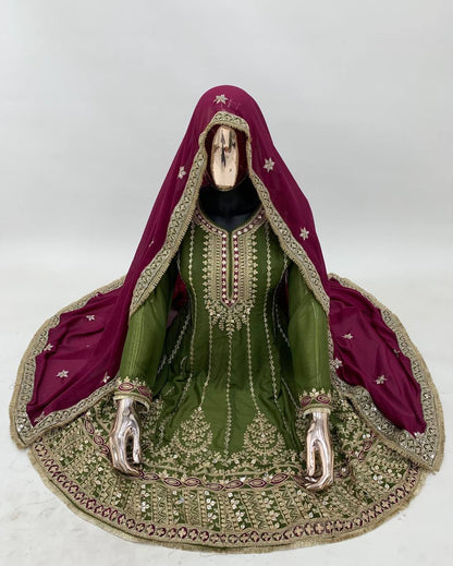 Olive Green Embroidered Chinon Suit Set with Dupatta