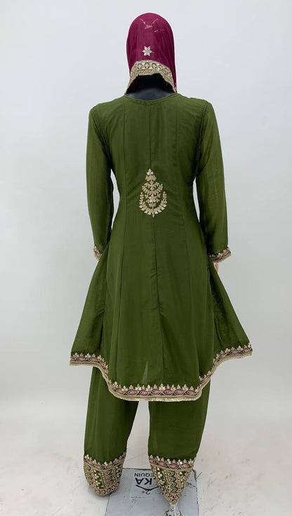 Olive Green Embroidered Chinon Suit Set with Dupatta