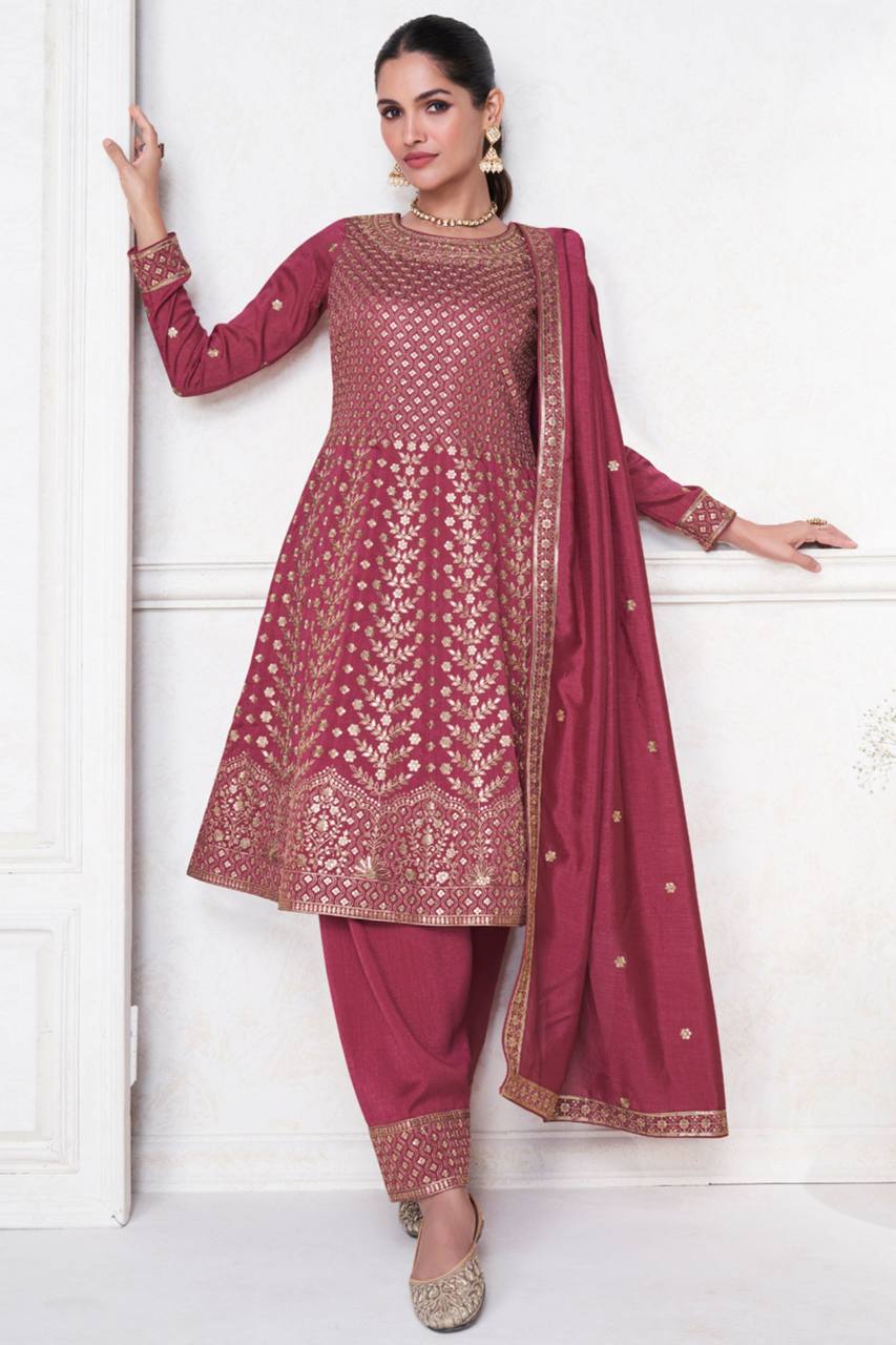 Rani Gajri Silk Embroidered Suit Set with Dupatta