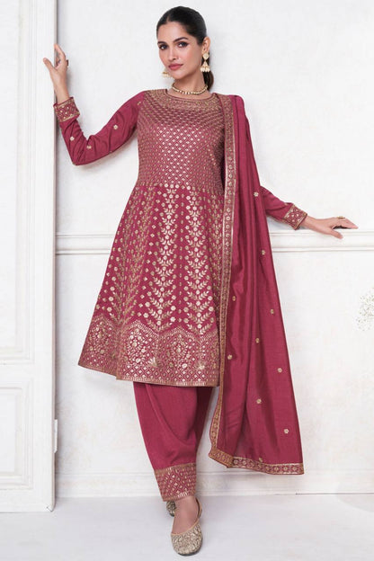 Rani Gajri Silk Embroidered Suit Set with Dupatta