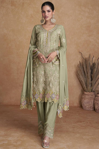 Light Olive Green Embroidered Chinon Suit Set
