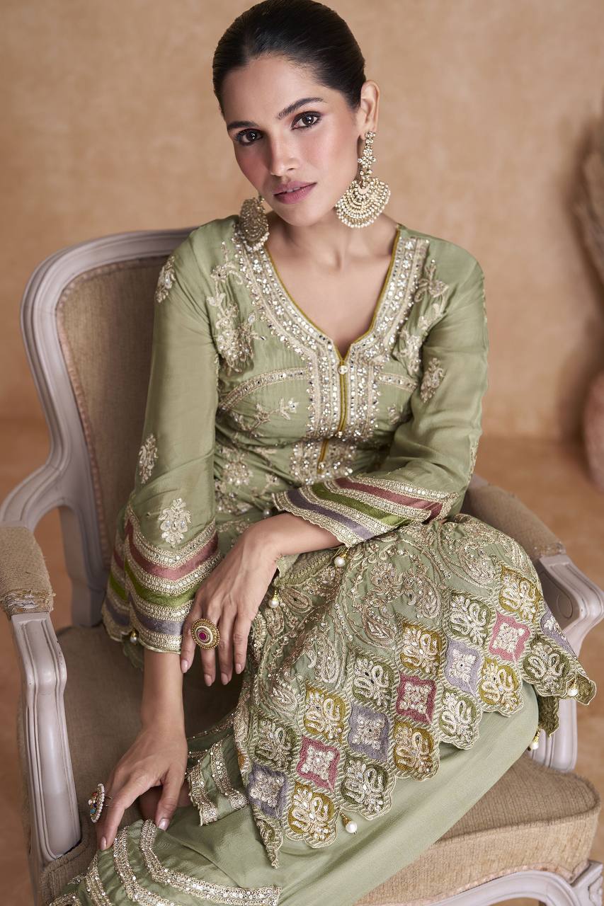 Light Olive Green Embroidered Chinon Suit Set