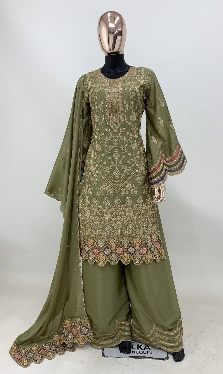 Light Olive Green Embroidered Chinon Suit Set