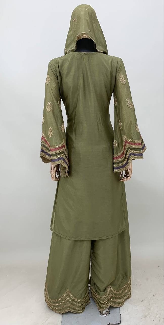 Light Olive Green Embroidered Chinon Suit Set