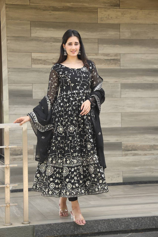 Luxury Black Georgette Designer Anarkali Suit with 9mm Thread-Sequins Embroidery