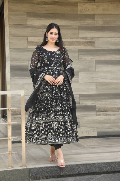 Luxury Black Georgette Designer Anarkali Suit with 9mm Thread-Sequins Embroidery