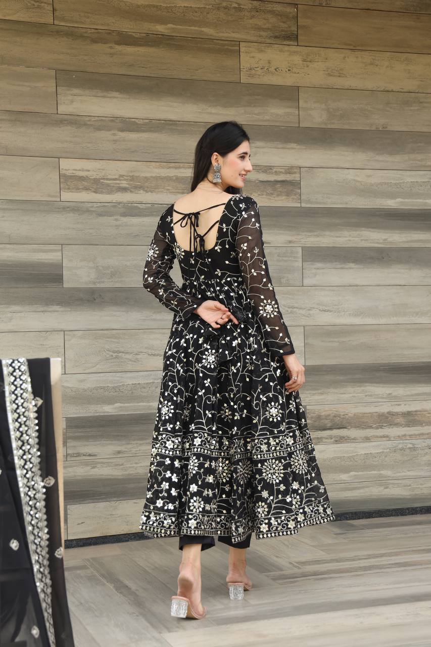Luxury Black Georgette Designer Anarkali Suit with 9mm Thread-Sequins Embroidery