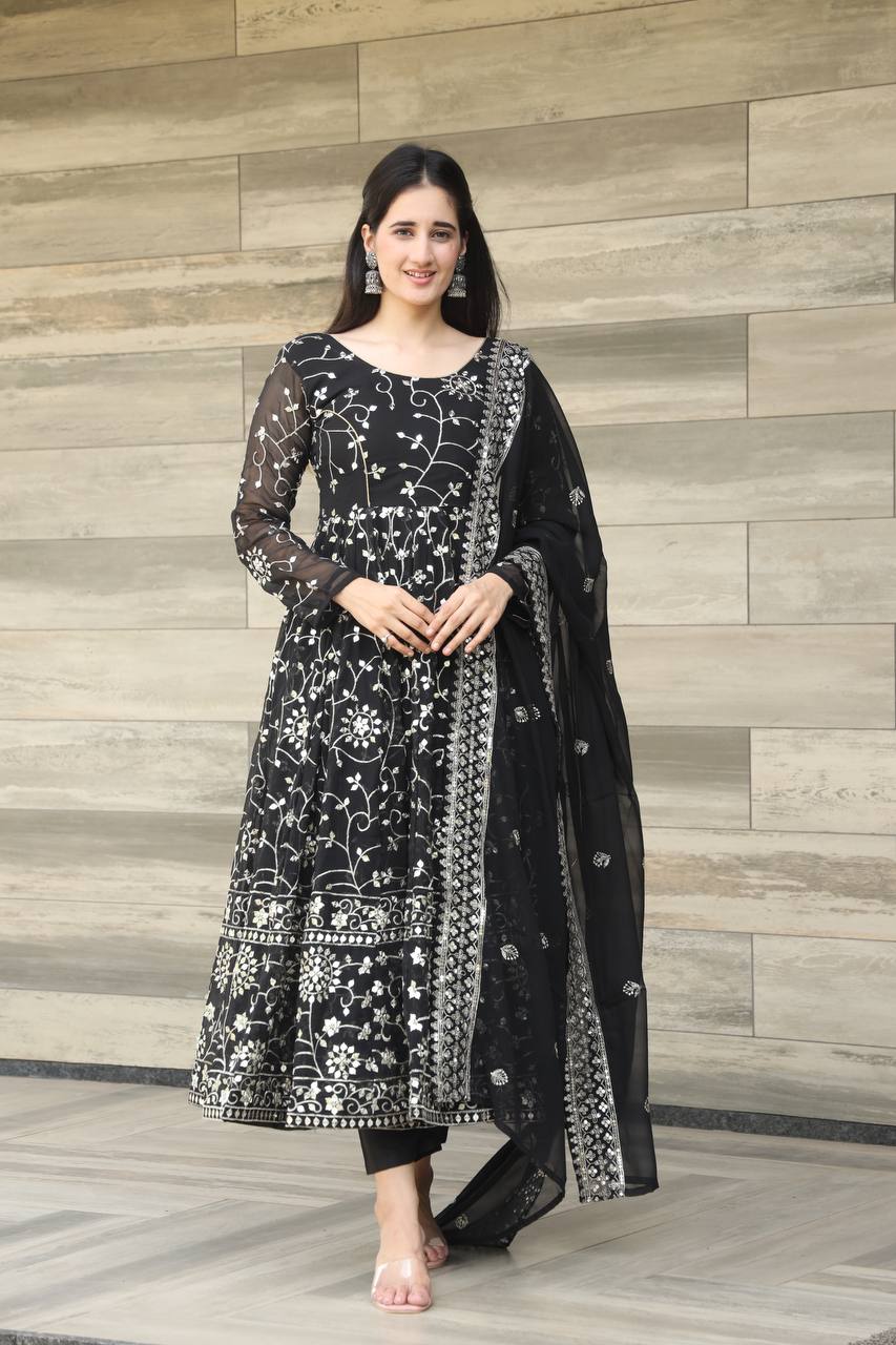 Luxury Black Georgette Designer Anarkali Suit with 9mm Thread-Sequins Embroidery