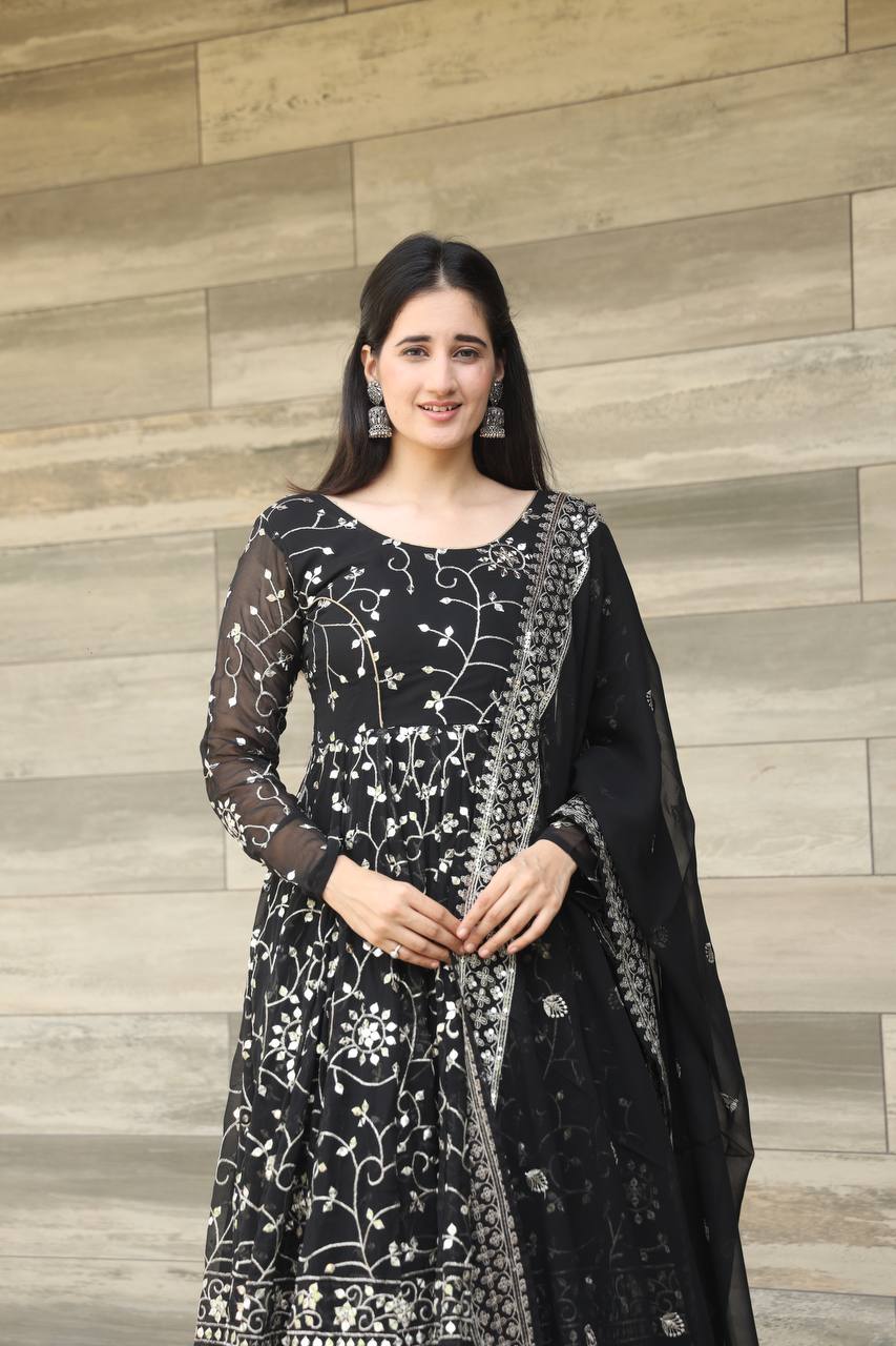 Luxury Black Georgette Designer Anarkali Suit with 9mm Thread-Sequins Embroidery