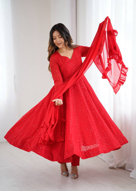 Rang-e-Laalima Red Lucknowi Georgette Anarkali Suit Set