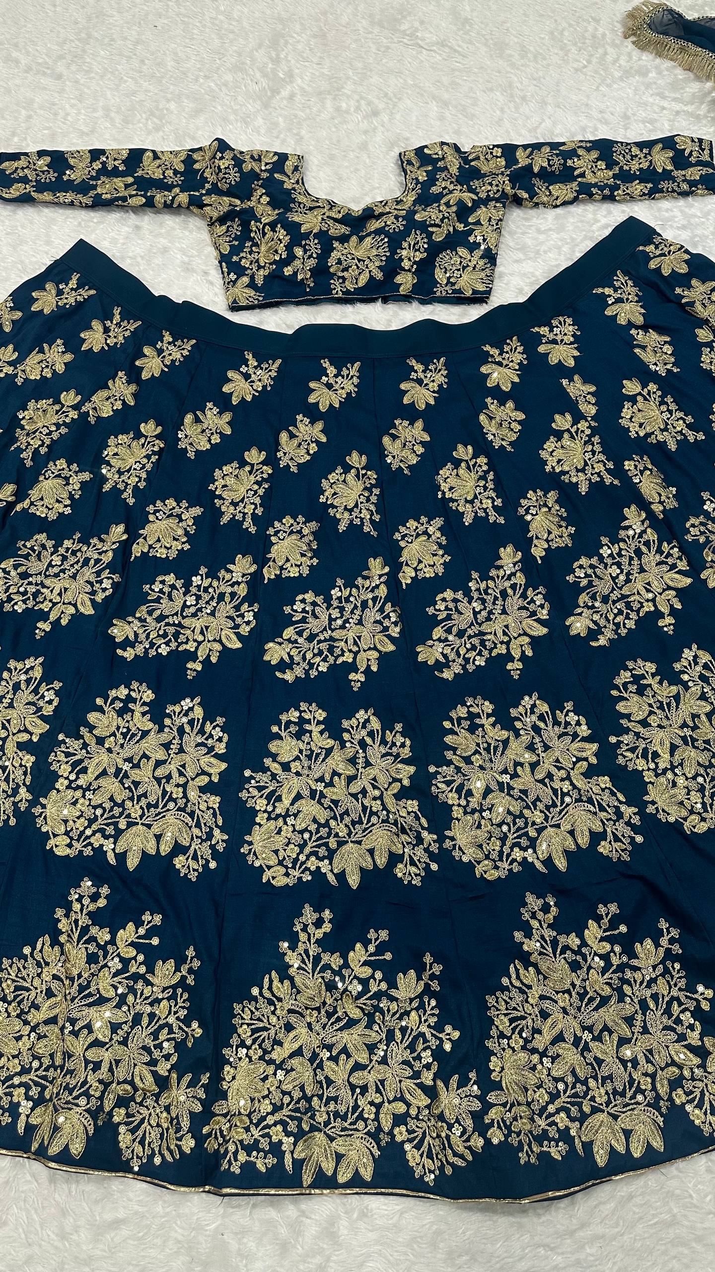 Zehara Navy Blue Polo Silk Zari Dori & Sequins Embroidered Lehenga Choli