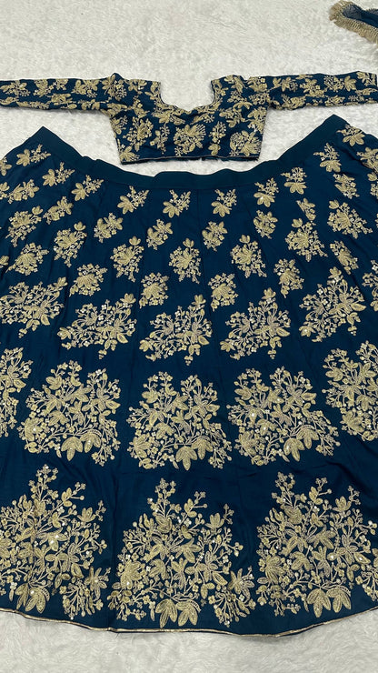 Zehara Navy Blue Polo Silk Zari Dori & Sequins Embroidered Lehenga Choli