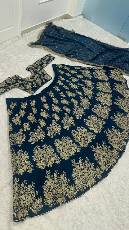 Zehara Navy Blue Polo Silk Zari Dori & Sequins Embroidered Lehenga Choli