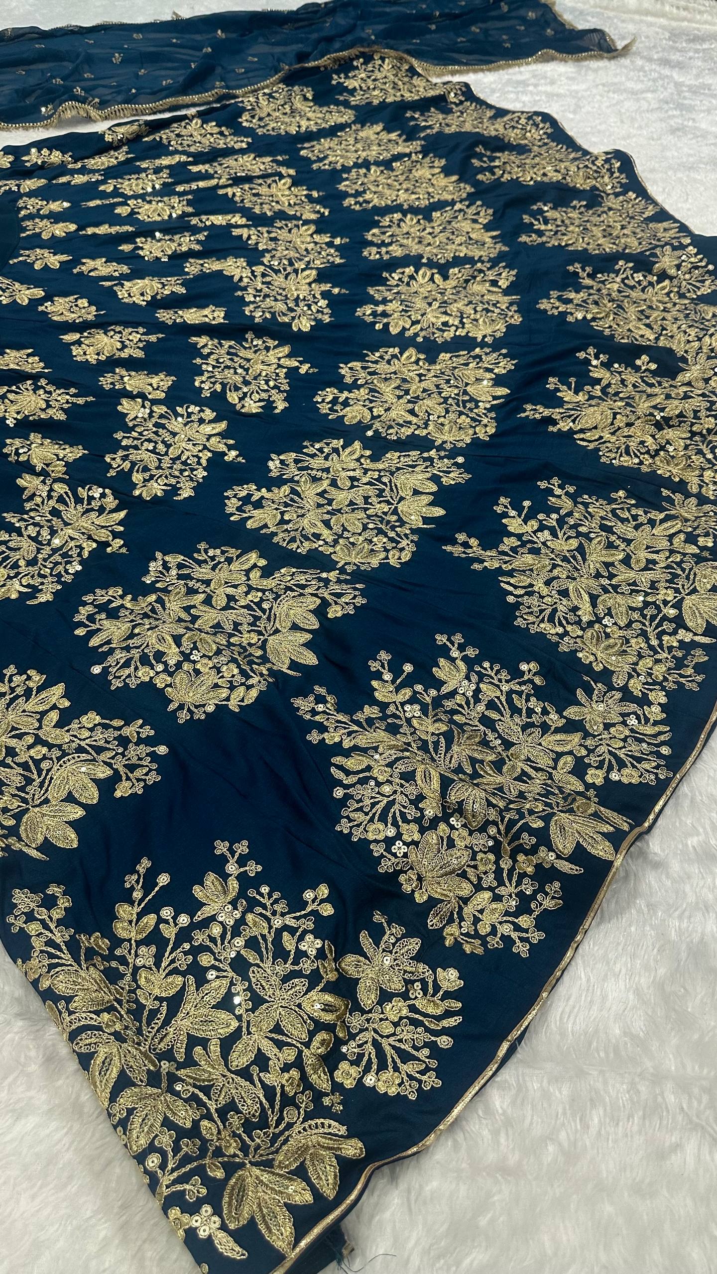 Zehara Navy Blue Polo Silk Zari Dori & Sequins Embroidered Lehenga Choli