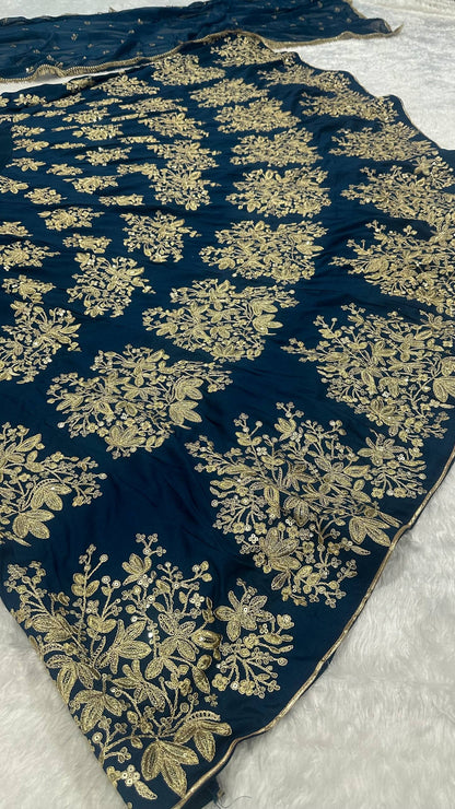 Zehara Navy Blue Polo Silk Zari Dori & Sequins Embroidered Lehenga Choli
