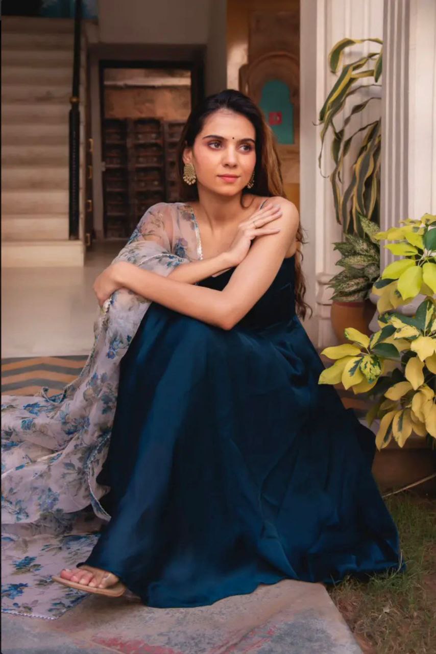 Flair & Elegance: Satin Silk Anarkali with Organza Finish