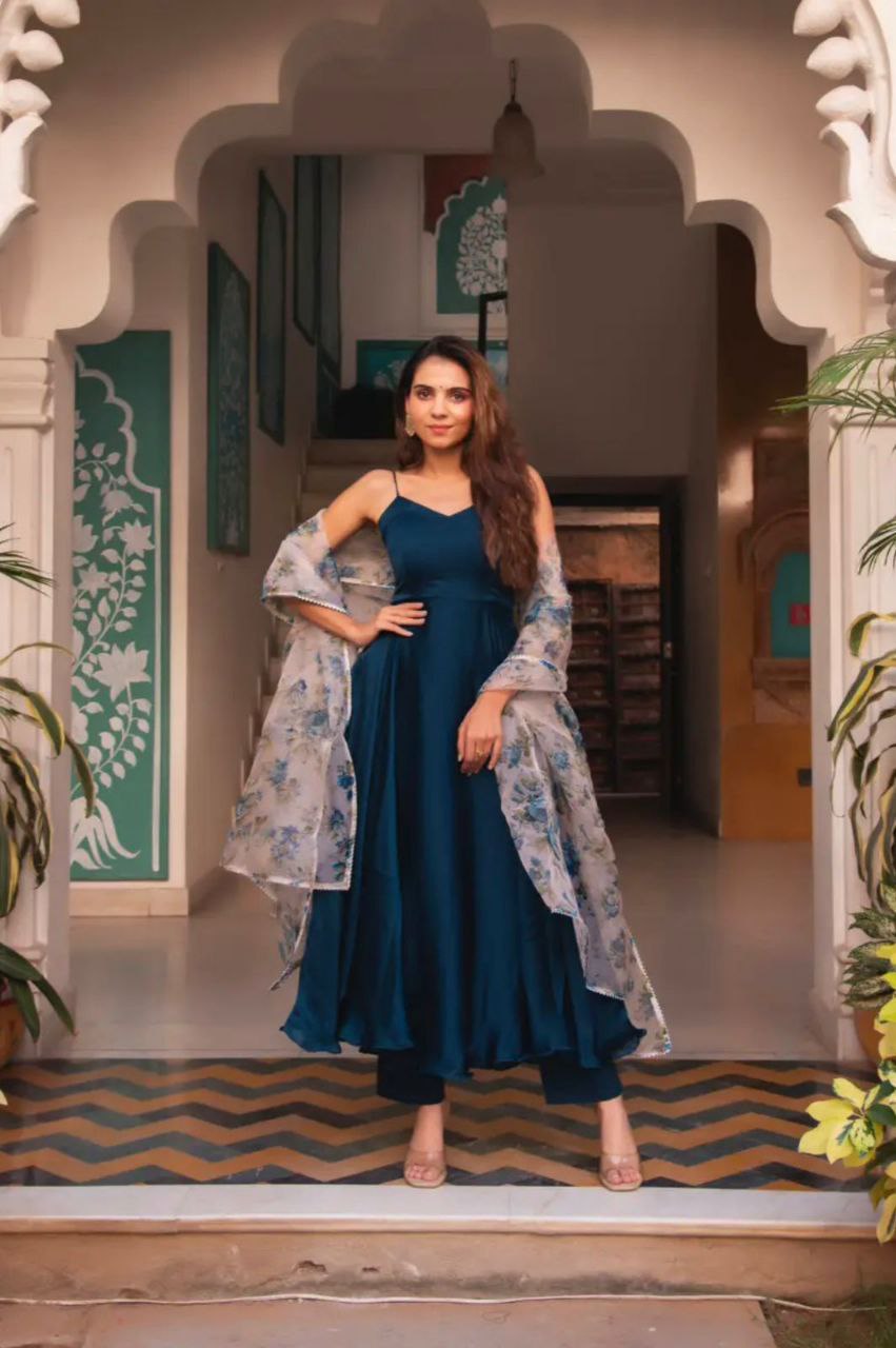 Flair & Elegance: Satin Silk Anarkali with Organza Finish