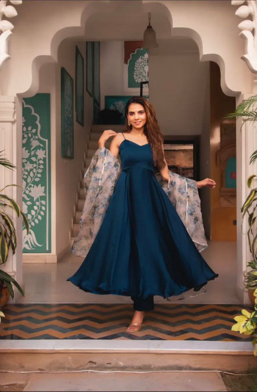 Flair & Elegance: Satin Silk Anarkali with Organza Finish
