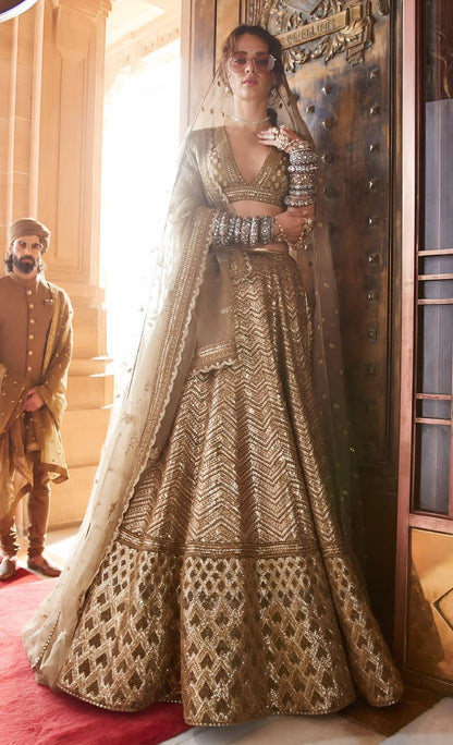 Rajeshwari Antique Gold Slub Silk Zari Dori & Heavy Sequins Bridal Lehenga Choli