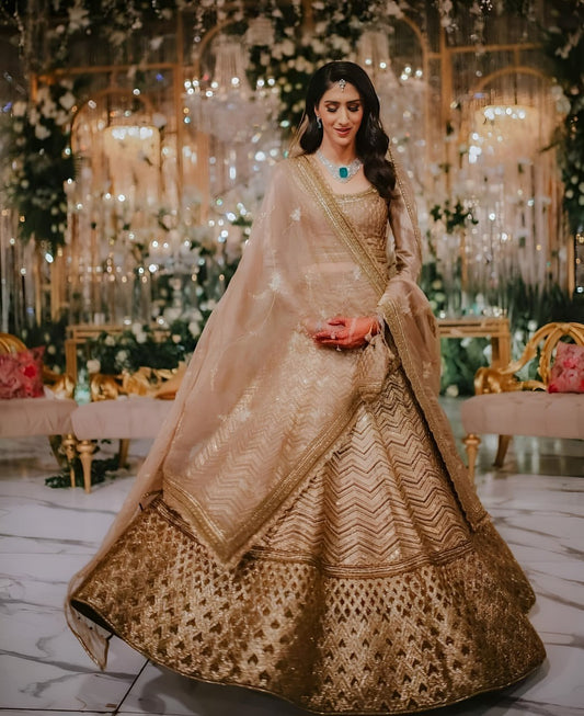 Rajeshwari Antique Gold Slub Silk Zari Dori & Heavy Sequins Bridal Lehenga Choli
