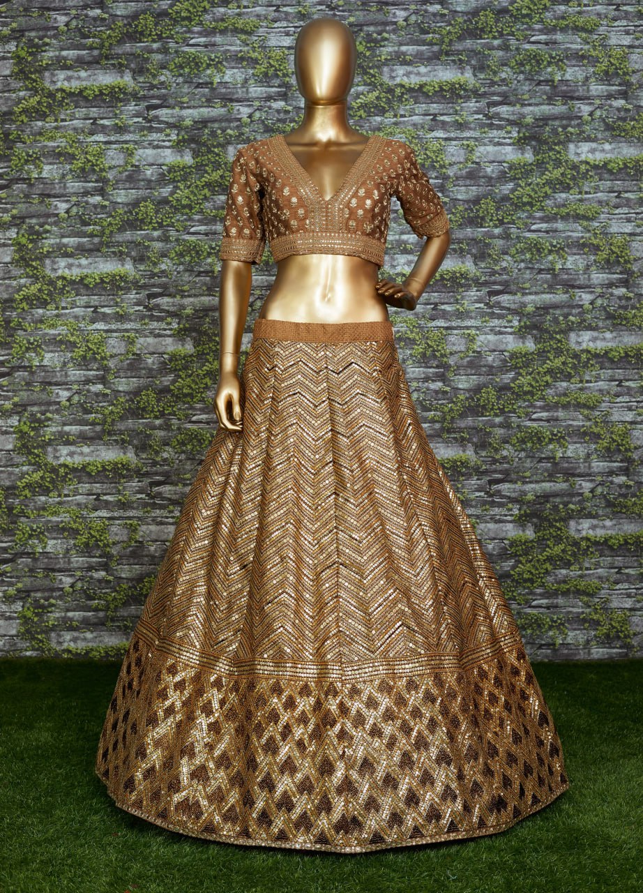 Rajeshwari Antique Gold Slub Silk Zari Dori & Heavy Sequins Bridal Lehenga Choli