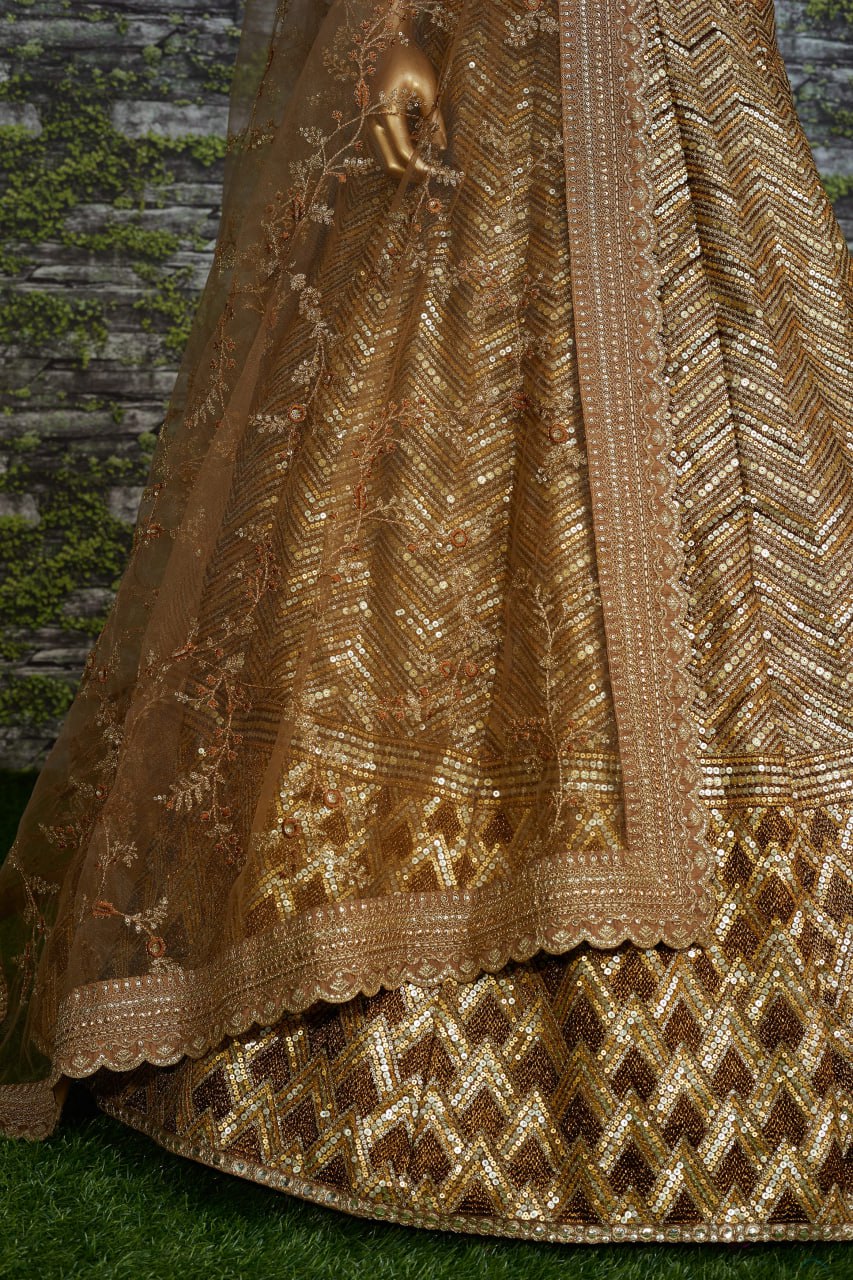 Rajeshwari Antique Gold Slub Silk Zari Dori & Heavy Sequins Bridal Lehenga Choli