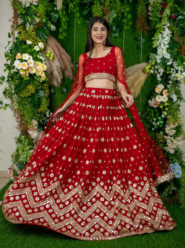 Padmavati Red Georgette Sitara Zari & Sequins Embroidered Lehenga Choli