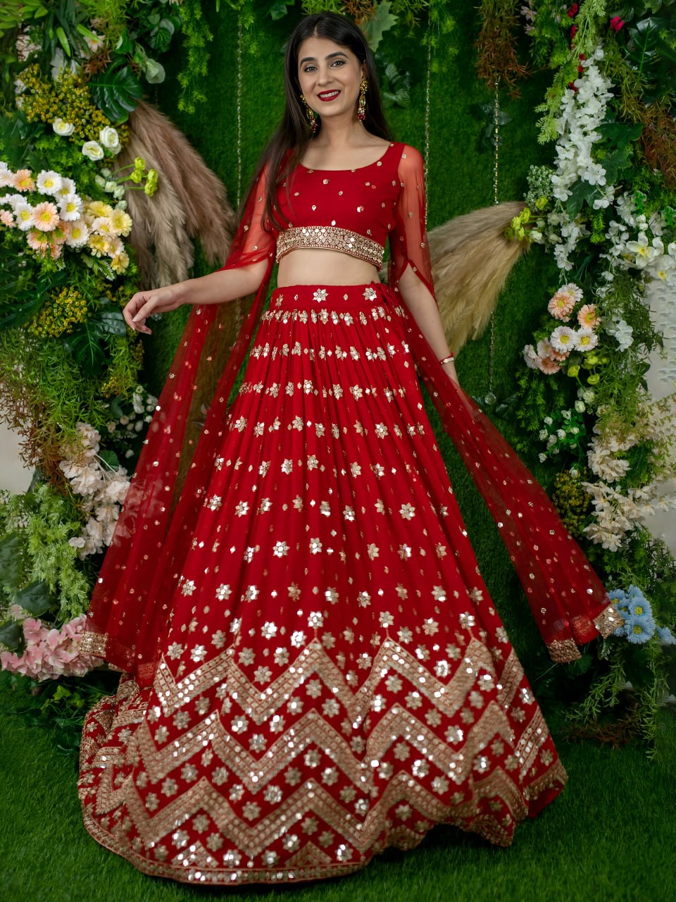 Padmavati Red Georgette Sitara Zari & Sequins Embroidered Lehenga Choli