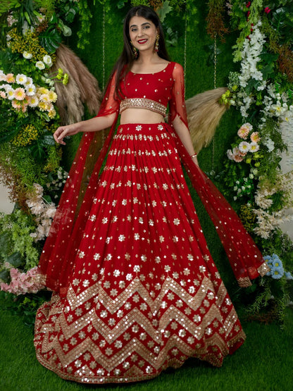 Padmavati Red Georgette Sitara Zari & Sequins Embroidered Lehenga Choli