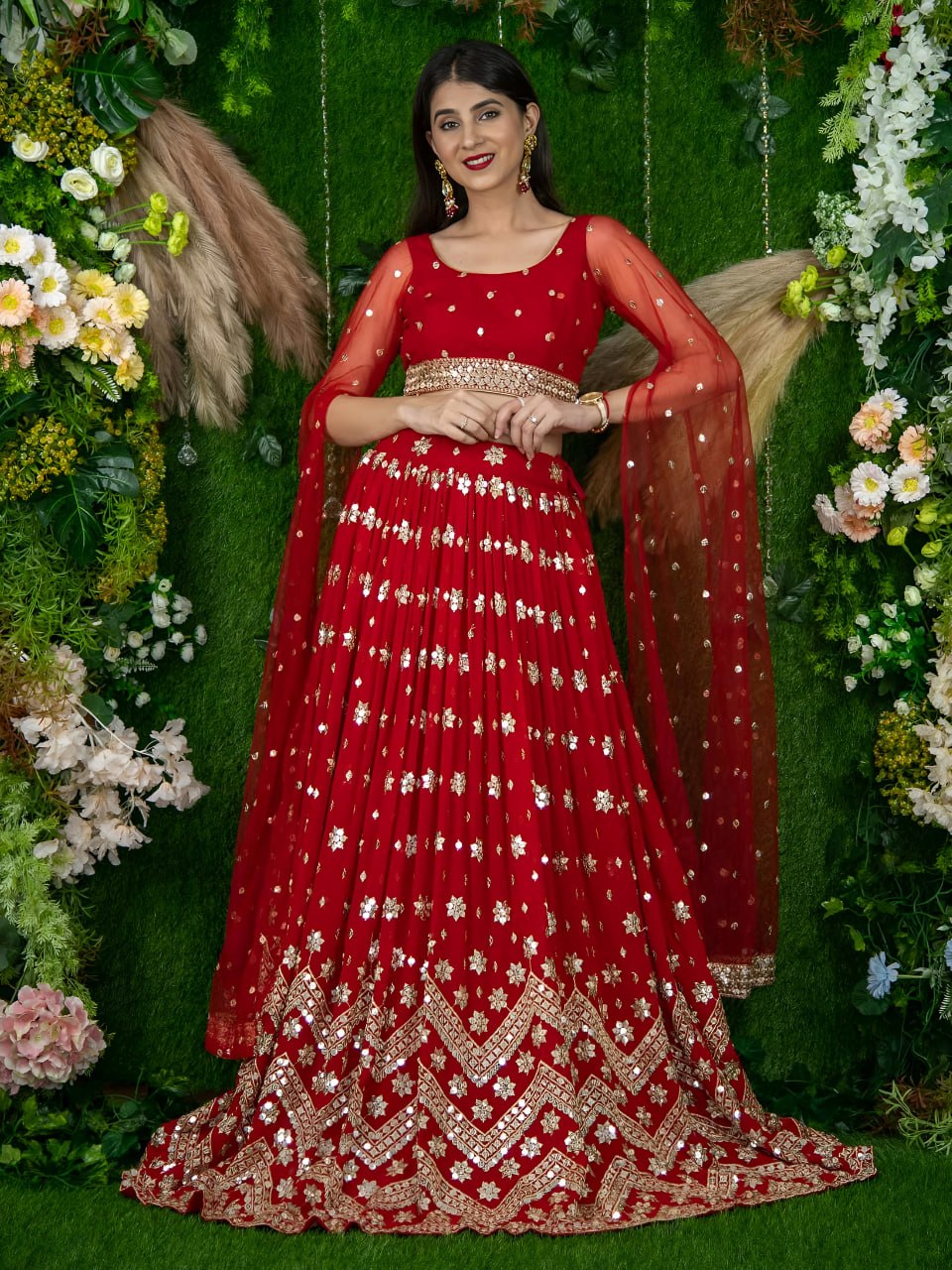 Padmavati Red Georgette Sitara Zari & Sequins Embroidered Lehenga Choli