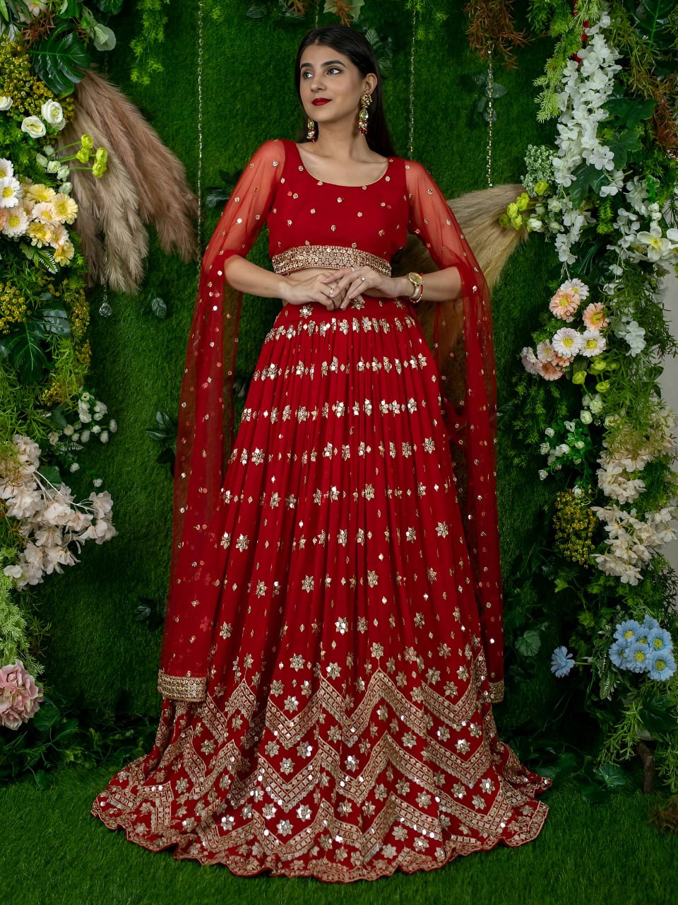 Padmavati Red Georgette Sitara Zari & Sequins Embroidered Lehenga Choli