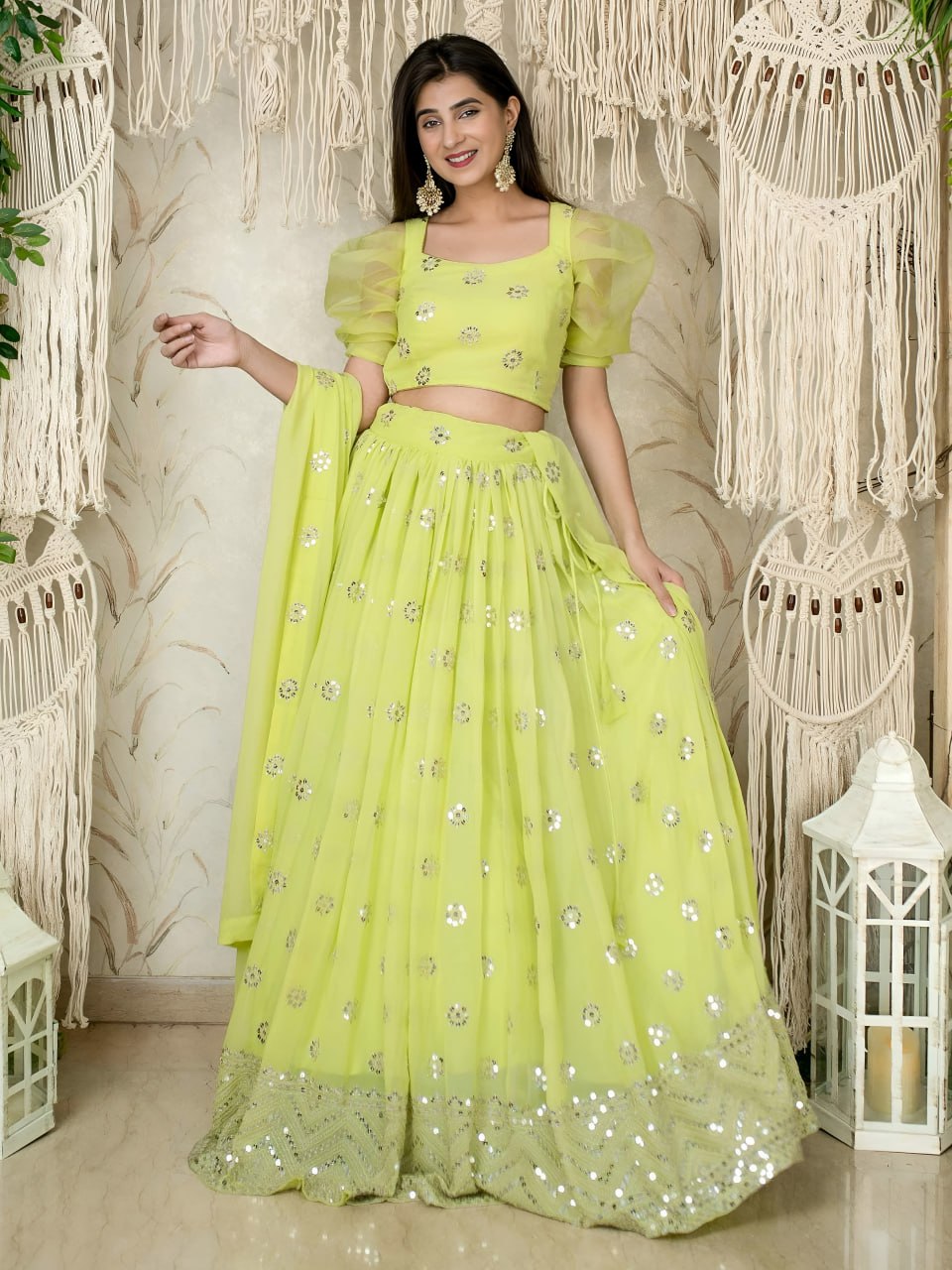 Yashodhara Lime Green Georgette Zari Sequins Embroidered Lehenga Choli