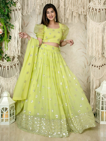 Yashodhara Lime Green Georgette Zari Sequins Embroidered Lehenga Choli