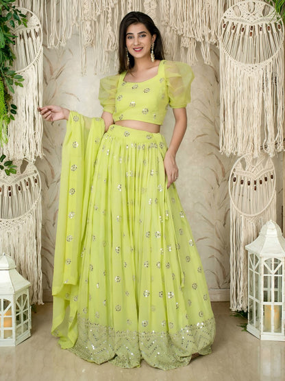 Yashodhara Lime Green Georgette Zari Sequins Embroidered Lehenga Choli