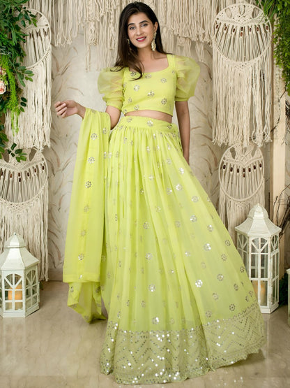 Yashodhara Lime Green Georgette Zari Sequins Embroidered Lehenga Choli
