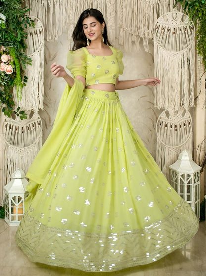 Yashodhara Lime Green Georgette Zari Sequins Embroidered Lehenga Choli
