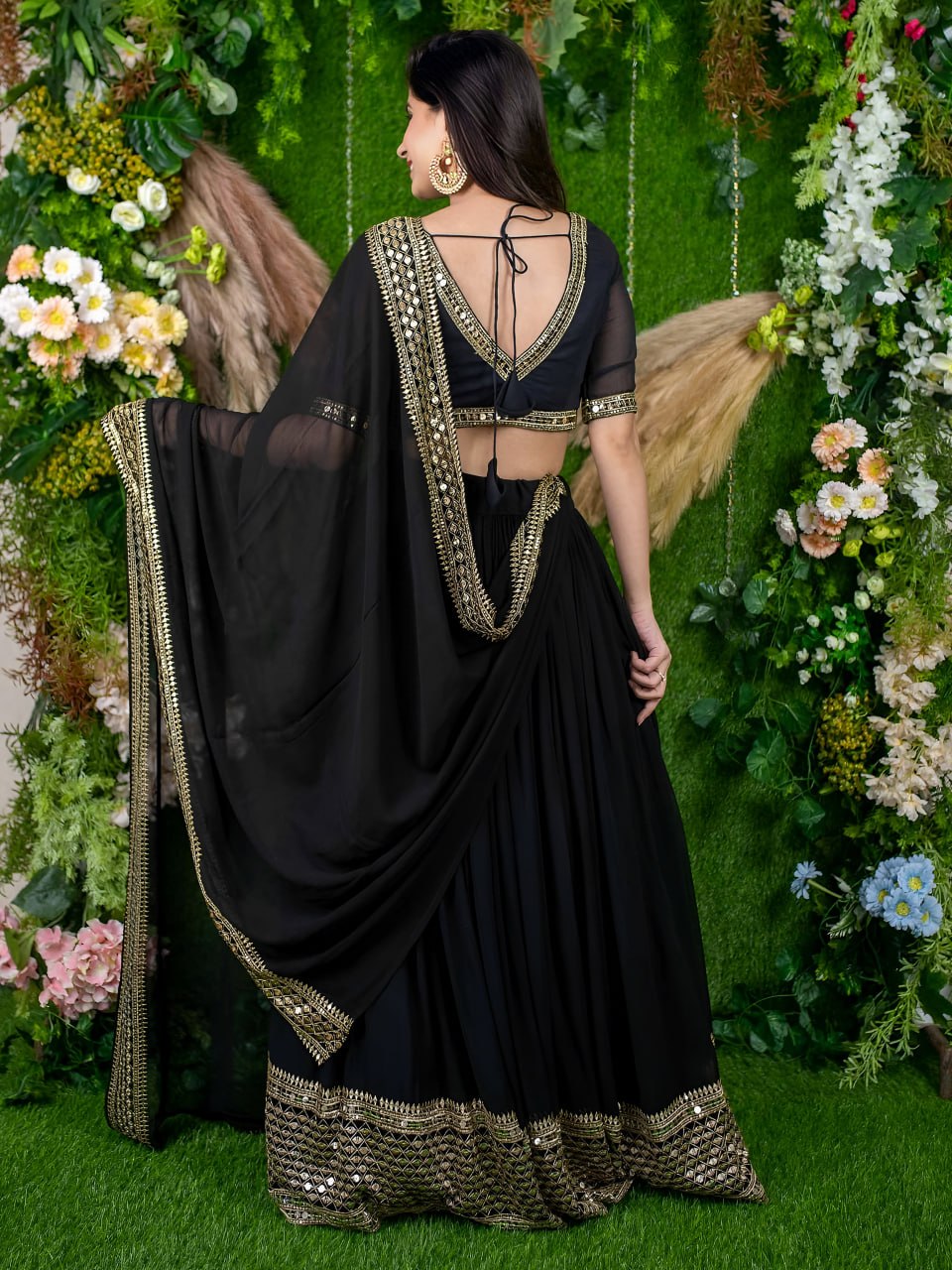 Mrinalini Black Georgette Zari Sequins Embroidered Lehenga Choli