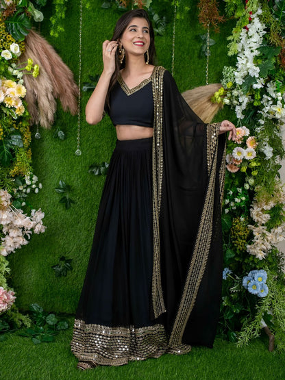 Mrinalini Black Georgette Zari Sequins Embroidered Lehenga Choli