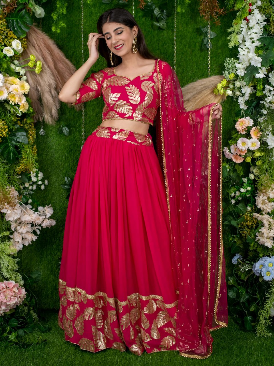 Vasundhara Pink Georgette Zari Sequins & Pearl Lace Lehenga Choli