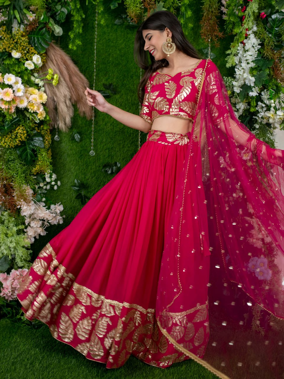Vasundhara Pink Georgette Zari Sequins & Pearl Lace Lehenga Choli
