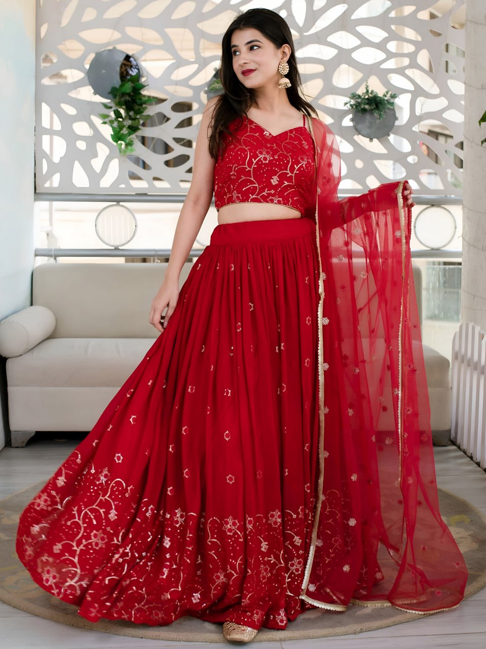 Ishita Red Georgette Sequins & Thread Embroidered Lehenga Choli