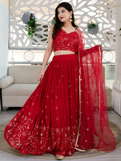 Ishita Red Georgette Sequins & Thread Embroidered Lehenga Choli