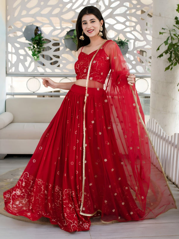 Ishita Red Georgette Sequins & Thread Embroidered Lehenga Choli