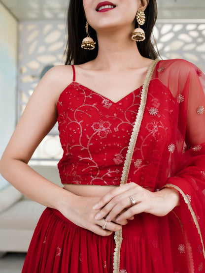 Ishita Red Georgette Sequins & Thread Embroidered Lehenga Choli