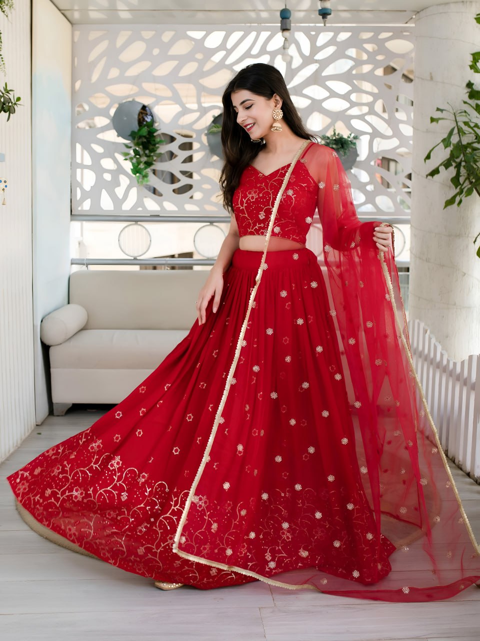 Ishita Red Georgette Sequins & Thread Embroidered Lehenga Choli