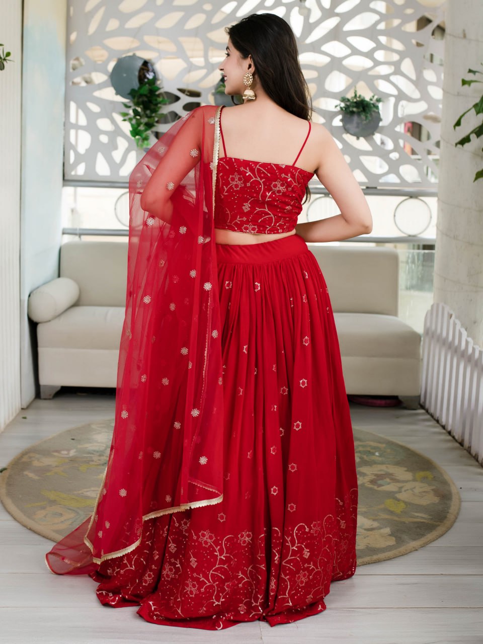 Ishita Red Georgette Sequins & Thread Embroidered Lehenga Choli
