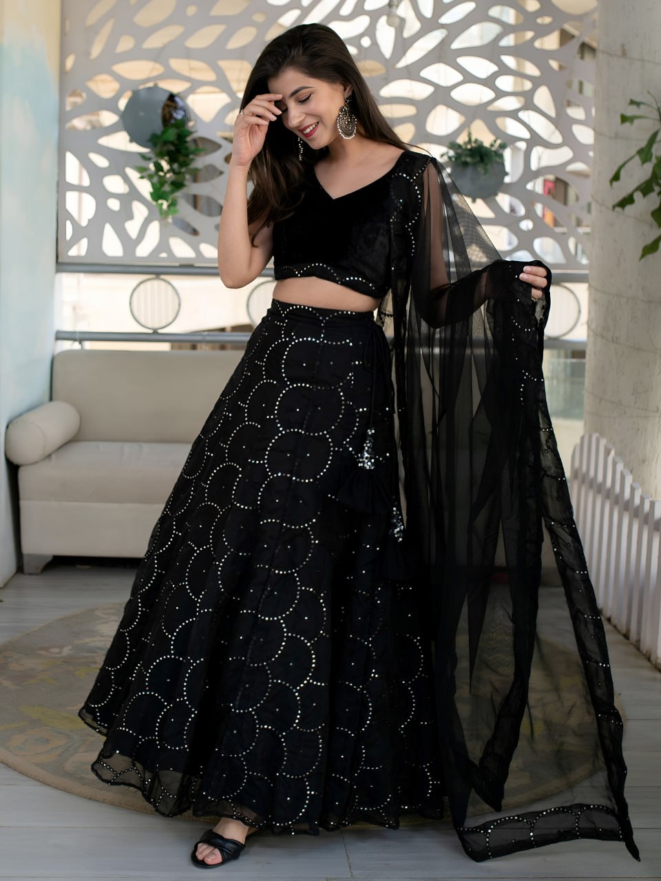 Trishika Black Organza Net Sequins And Thread Embroidered Lehenga Choli